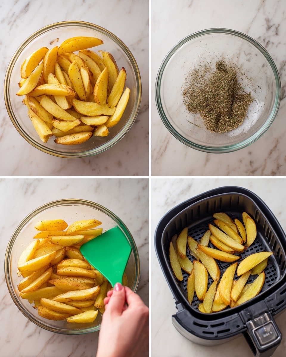 The image shows four steps of preparing potato wedges. In the first image, there is a clear bowl on a white marbled surface with yellow potato wedges inside. The second image shows the potato wedges now sprinkled with black pepper in the clear bowl, also on the white marble surface. The third image displays a woman's hand holding a green spatula stirring the seasoned potato wedges in the clear bowl on the same surface. The last image shows the potato wedges placed evenly inside a black air fryer basket. photo taken with an iphone --ar 4:5 --v 7