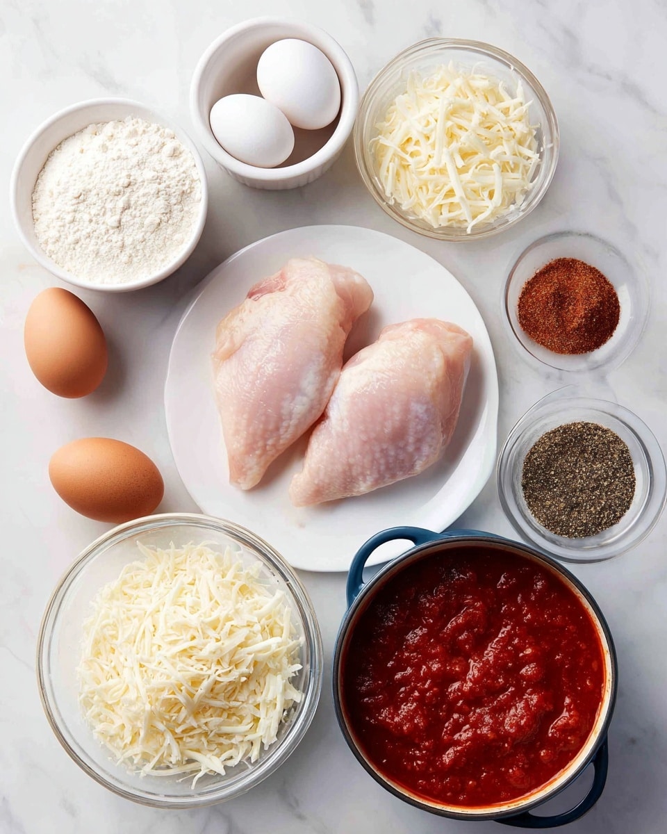 A white plate with two raw chicken pieces is placed on a white marbled surface. Around it are small white bowls with various ingredients: flour in a bowl, two brown eggs, black pepper in a bowl, grated Parmesan cheese in a bowl, a reddish-brown seasoning mix in another bowl, and a clear bowl filled with shredded mozzarella cheese. A blue pot filled with rich red tomato sauce is also on the surface, showing sauce marks inside. The image captures all items neatly laid out, ready for cooking. photo taken with an iphone --ar 4:5 --v 7