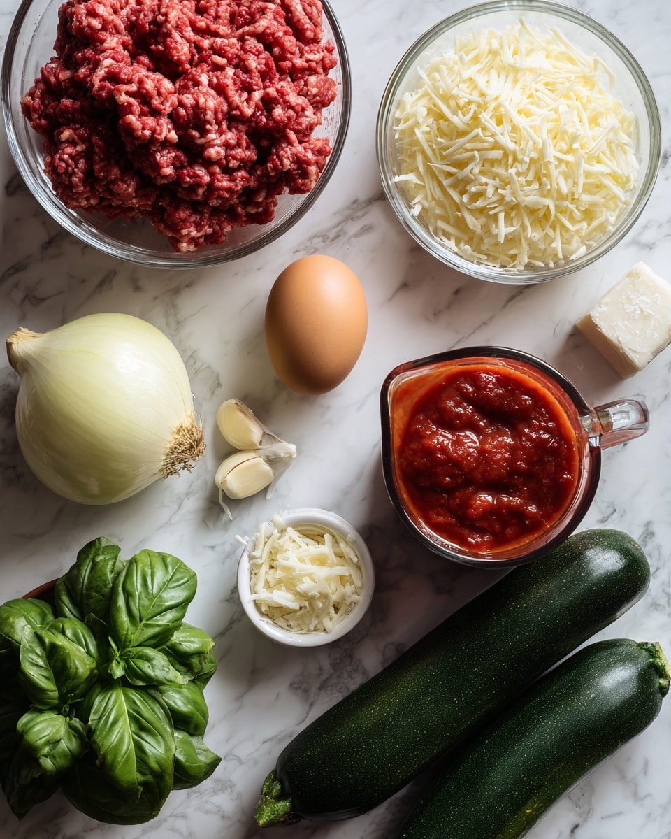 The image shows raw ingredients for a meal arranged on a white marbled surface. There is a clear bowl filled with red raw ground meat in the top left corner, next to a whole pale yellow onion and a brown egg. Nearby, a glass measuring cup is full of shredded white cheese, and a small white cup holds fine grated cheese. To the right, a glass pitcher contains thick red tomato sauce with visible chunks. Below the tomato sauce, a fresh bunch of dark green basil leaves is placed. On the far right, there are two large dark green zucchinis. A small white container labeled ricotta cheese is positioned between the basil and zucchinis. Three cloves of garlic are also scattered near the egg and tomato sauce. photo taken with an iphone --ar 4:5 --v 7