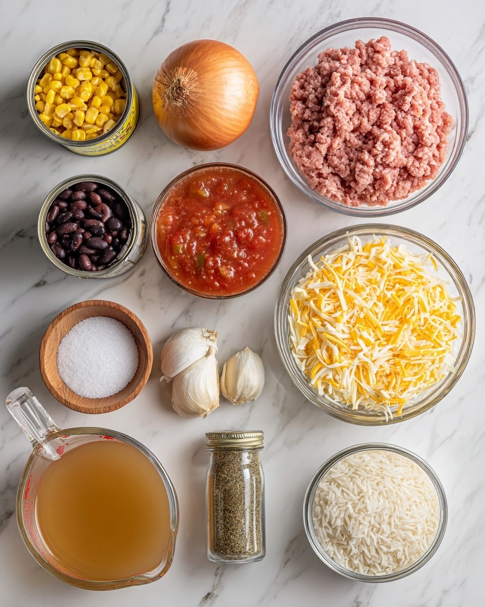 The image shows several ingredients arranged neatly on a white marbled surface. There is a clear glass bowl filled with pink ground meat positioned near the top right. Below it, a clear glass bowl contains a mix of shredded yellow and white cheese. To the left of the cheese is a transparent measuring cup with light brown broth. Above the broth, there are three cans: one with diced tomatoes and green chilies, a second with whole kernel corn, and a third with black beans. Near the top left, a whole onion, two garlic cloves, a small wooden bowl of salt, a white measuring cup filled with uncooked white rice, and a small plastic jar of seasoning sit together. The colors range from light brown and yellow to red, green, and black, with varying textures like smooth liquid, shredded cheese, and coarse ground meat. Photo taken with an iphone --ar 4:5 --v 7