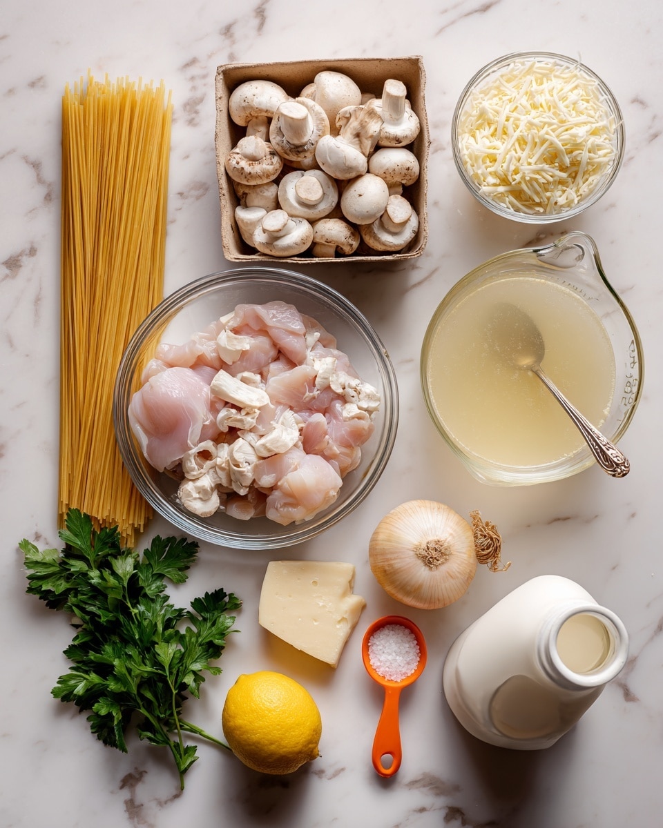 The image shows several ingredients laid out on a white marbled surface. There is a box of spaghetti on the left, next to a clear glass bowl with raw pale pink chicken pieces. Above the chicken, a brown cardboard container holds many small white mushrooms. To the right, a clear glass cup filled with pale yellow broth has a metal spoon inside. Nearby, a yellow onion and two garlic cloves are placed next to a small square of butter and a bunch of fresh green parsley. A bright orange measuring spoon filled with white salt rests beside half of a lemon, and a white plastic bottle of half and half cream sits near a clear bowl filled with shredded white cheese. Photo taken with an iphone --ar 4:5 --v 7