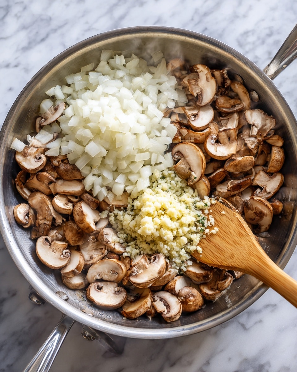 The image shows two stainless steel pans side by side on a stove, each filled with sliced brown mushrooms. In the left pan, a pile of white chopped onions is being added on top of mushrooms, creating two layers: the light tan mushrooms at the bottom and fresh white onions on top. In the right pan, a small pile of finely chopped pale yellow garlic is placed in the center of mushrooms, forming a mix of light brown mushrooms underneath and the finely chopped garlic at the middle. Both pans have a soft steam rising with a wooden spatula touching the mushrooms on the right. The background is a white marbled texture photo taken with an iphone --ar 4:5 --v 7