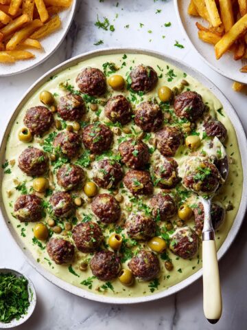 Herby Meatballs with Roasted Garlic Whipped Feta and Caper-olive Topping Recipe