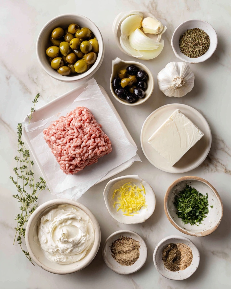A white marbled surface holds various small white and beige bowls arranged around a square piece of raw ground meat resting on white parchment paper. The ingredients include a bowl of green sliced olives, a small bowl of dark green capers, a block of white cheese on a white plate with a light beige rim, a bowl of creamy white yogurt, peeled garlic cloves in a small bowl, a halved roasted garlic bulb in another bowl, a small bowl of finely chopped mixed green herbs, another bowl with bright yellow lemon zest, and two small bowls with mixed dry seasonings – one combining light brown and green herbs, the other showing a sandy-colored spice blend. Photo taken with an iphone --ar 4:5 --v 7