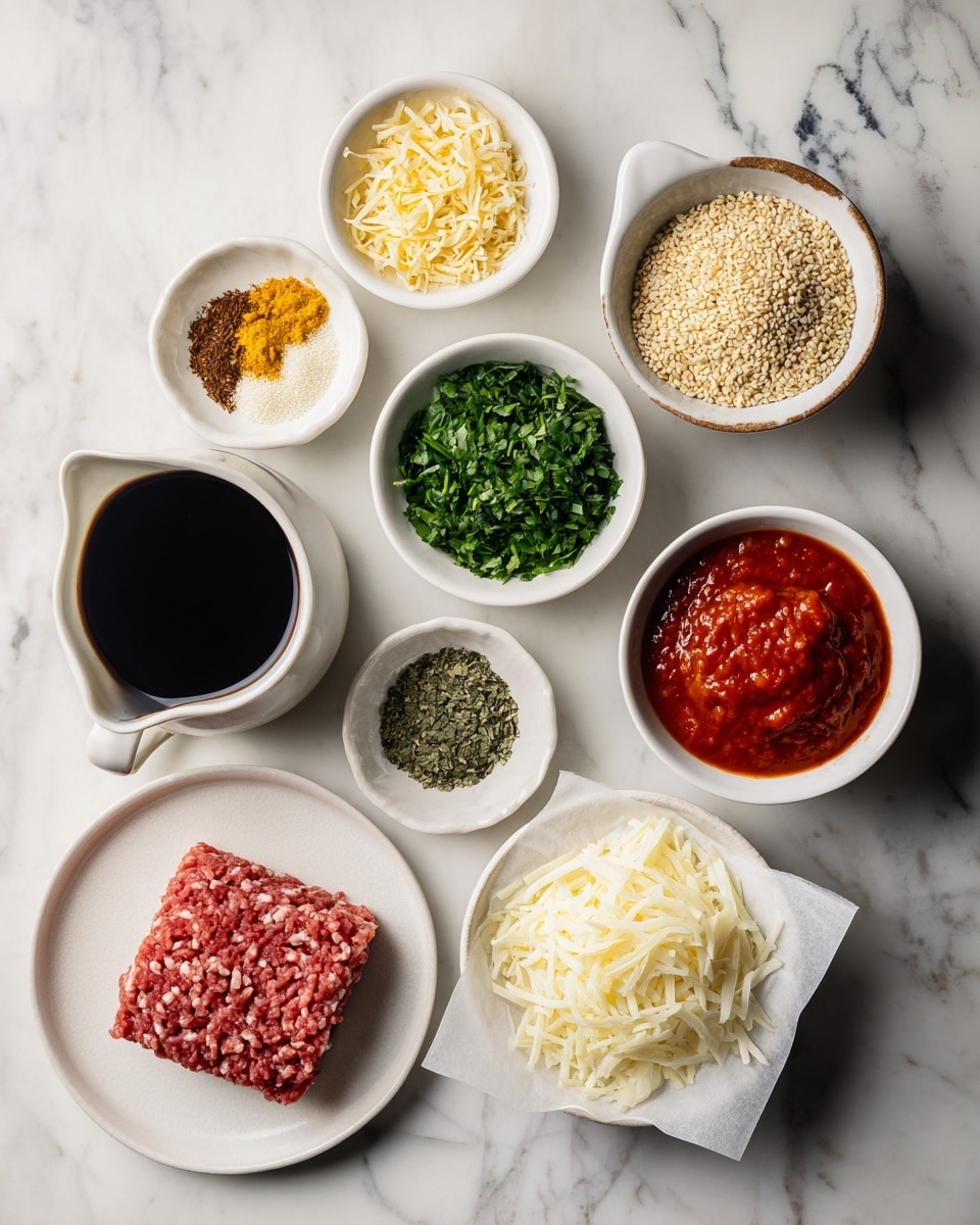 The image shows a white marbled surface with several small white bowls and a white plate arranged neatly. Inside the bowls are different ingredients: a dark liquid, a light brown crumb mixture, fresh green chopped herbs, shredded white cheese, bright red sauce, grated pale-yellow cheese, minced garlic, a thick white sauce, finely ground yellowish seasoning, sesame seeds, and dried green herbs. In addition to these, there is a small pitcher filled with a dark liquid and a square of raw ground meat placed on white parchment paper. All items are spaced evenly, presenting a clean and organized look. Photo taken with an iphone --ar 4:5 --v 7