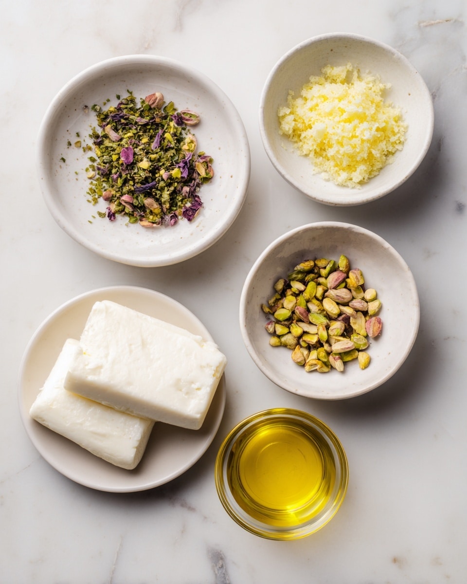 The image shows six small white dishes arranged on a white marbled surface. On the bottom left, there is a white plate with two thick white logs, likely cheese or cream. Above it, a small white bowl with finely chopped green herbs, including some pieces of purple leaves. In the center top, a small white bowl filled with finely minced yellowish garlic. To the right, a white bowl that holds a mix of crushed nuts with green shades, possibly pistachios. Below this, a small white plate containing bright yellow grated zest. On the bottom right, there is a clear glass cup filled with golden yellow olive oil. The arrangement is simple and clean, showing clear textures and colors of each ingredient. photo taken with an iphone --ar 4:5 --v 7