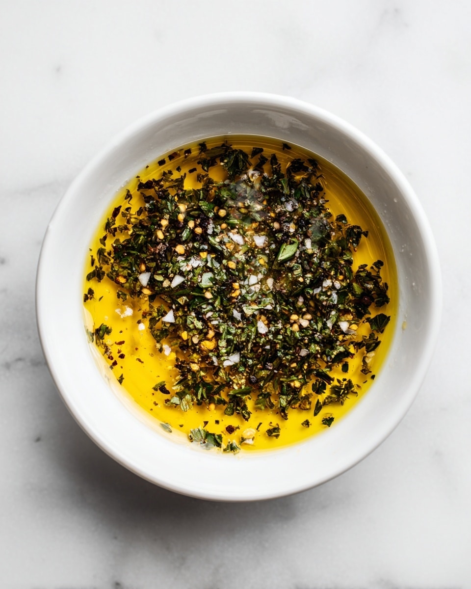 A white bowl sits on a white marbled surface, filled with a single layer of golden yellow olive oil mixed with small green herb pieces and scattered coarse white sea salt crystals, along with fine black pepper flakes evenly spread throughout the oil. The herbs look fresh and finely chopped, floating and slightly settled in the oil, giving the mixture a textured, vibrant appearance. The bowl’s smooth interior contrasts with the rich liquid mixture inside. photo taken with an iphone --ar 4:5 --v 7