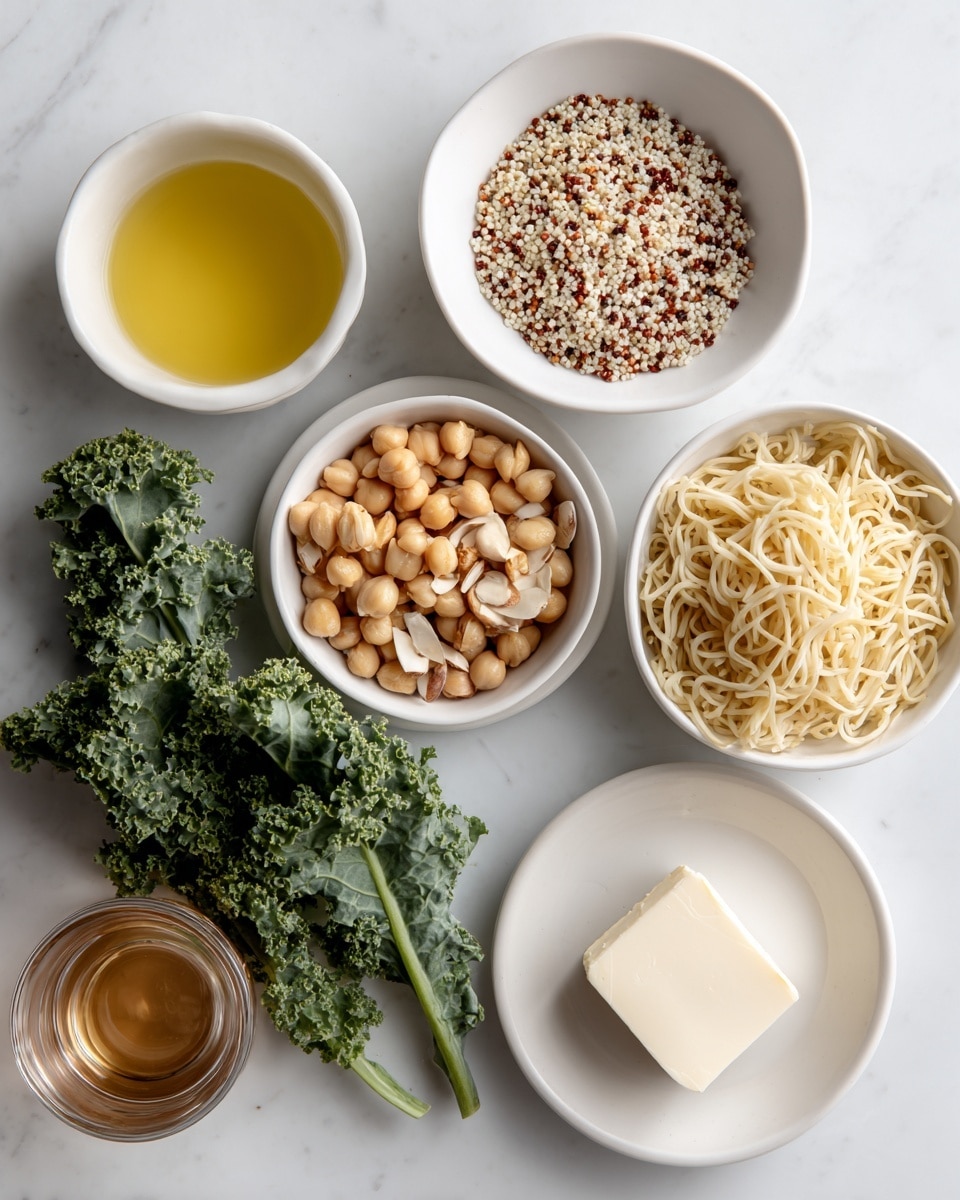 The image shows seven small white bowls and plates with different ingredients on a white marbled surface. Starting from the top left, there is a small white bowl with a yellow liquid. Next to it is a white bowl with tiny white grains, and above it to the right is another white bowl filled with cooked quinoa, showing white, red, and black seeds mixed together. Below the quinoa, there is a bunch of fresh leafy kale with dark and light green curly leaves. In the middle right, a white bowl contains light yellow chickpeas. Next to it on the bottom left, a white bowl holds sliced almonds. Above the almonds is a plate with a square piece of white butter. Above the butter, there is a bowl filled with uncooked instant noodles. Lastly, in the bottom left corner, there is a clear glass cup with a light brown liquid inside. All items are neatly placed on the white marbled surface. photo taken with an iphone --ar 4:5 --v 7