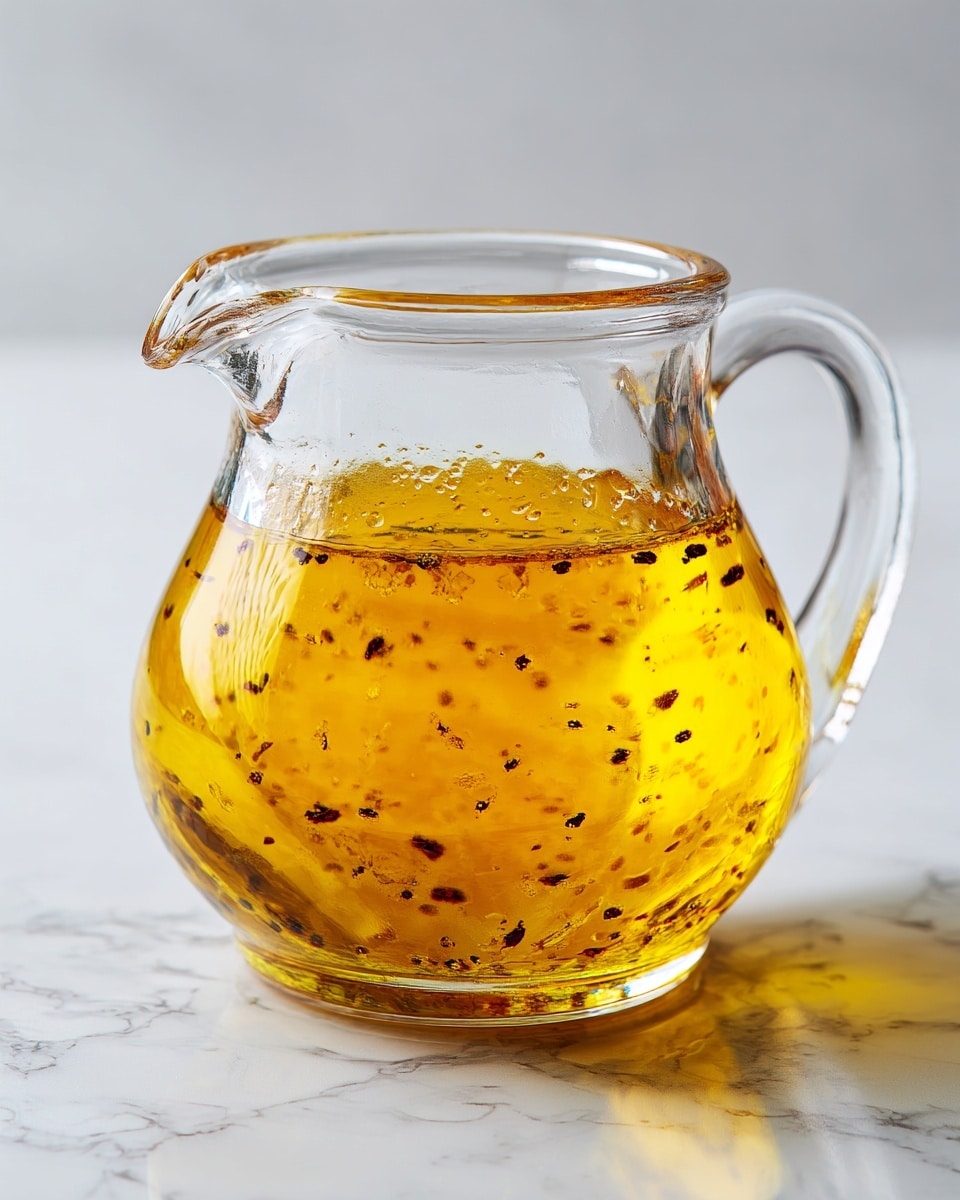 A clear glass pitcher filled with a golden yellow liquid speckled with tiny dark bits, almost full and slightly frothy on top, resting on a white marbled surface with a plain light background. The pitcher has a wide base, narrow top with a small spout, and a clear handle on the right side. photo taken with an iphone --ar 4:5 --v 7