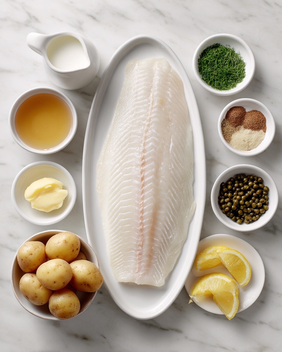A white oval plate holds a large piece of white fish fillet with a smooth texture and slight ridges, positioned center-right on a white marbled surface. Around it are small white bowls with various ingredients: a bowl of small, round light yellow potatoes at the bottom left; a tiny bowl of golden yellow melted butter above the potatoes; a bowl with light brown liquid next to the butter; a small glass jug filled with white milk near the top left; a white plate containing three piles of green dried herbs, ground seasoning, and minced yellow ginger directly above the fish; a small white bowl with dark green capers to the right of the fish; a white bowl with two types of mustard, one grainy brown and the other smooth pale yellow, below the capers; and a small white plate holding three lemon wedges above the capers, all placed on the white marbled texture. photo taken with an iphone --ar 4:5 --v 7