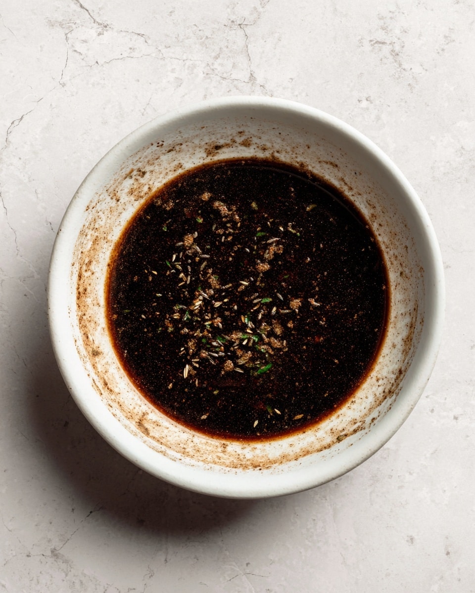The image shows a simple dish in a white bowl on a white marbled surface. Inside the bowl, there is one layer of dark brown liquid with small bits of herbs and spices floating throughout. The edges of the bowl have some stains from the liquid, giving a slightly rustic look. The texture of the liquid appears smooth with tiny specks evenly spread, indicating it might be a sauce or dressing. Photo taken with an iphone --ar 4:5 --v 7