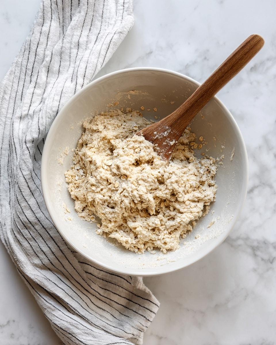 A white bowl sits on a white marbled surface with thick, light brown dough mixed with oats inside. A wooden spoon rests in the bowl, partially covered by the dough, showing the textured mix with small oat pieces throughout. To the left of the bowl, a white and black striped cloth is placed, adding a soft fabric element to the scene. The whole setup looks simple and clean, with natural light highlighting the dough's rough and slightly shiny surface. photo taken with an iphone --ar 4:5 --v 7