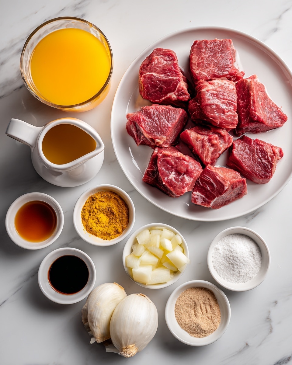 The image shows various ingredients neatly arranged on a white marbled surface. There is a white plate filled with large, raw red meat chunks with some marbling, placed on the right side. Surrounding this are small white bowls holding different ingredients including thick white onion wedges, chopped garlic cloves, ground yellow powder, fresh ginger paste, light brown powder, and flour. Additionally, there are small portions of dark soy sauce in a little white jug, brown liquid in a small bowl, and a large white jug filled with orange juice. The overall scene is clean and bright with the ingredients clearly separated and easy to see photo taken with an iphone --ar 4:5 --v 7