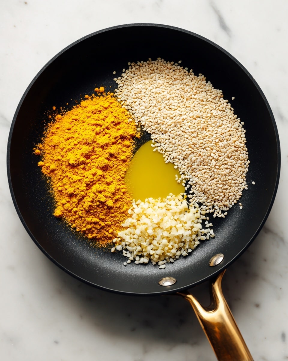 A black frying pan with a golden handle resting on a white marbled surface contains three separate piles of dry ingredients. On the left side, there is a heap of bright yellow turmeric powder with a slightly coarse texture. To the right, a large mound of small, off-white sesame seeds forms the second layer. At the top center, a small pool of golden oil shines next to a scattering of finely minced garlic pieces. The ingredients are arranged closely but remain distinct from each other. Photo taken with an iphone --ar 4:5 --v 7
