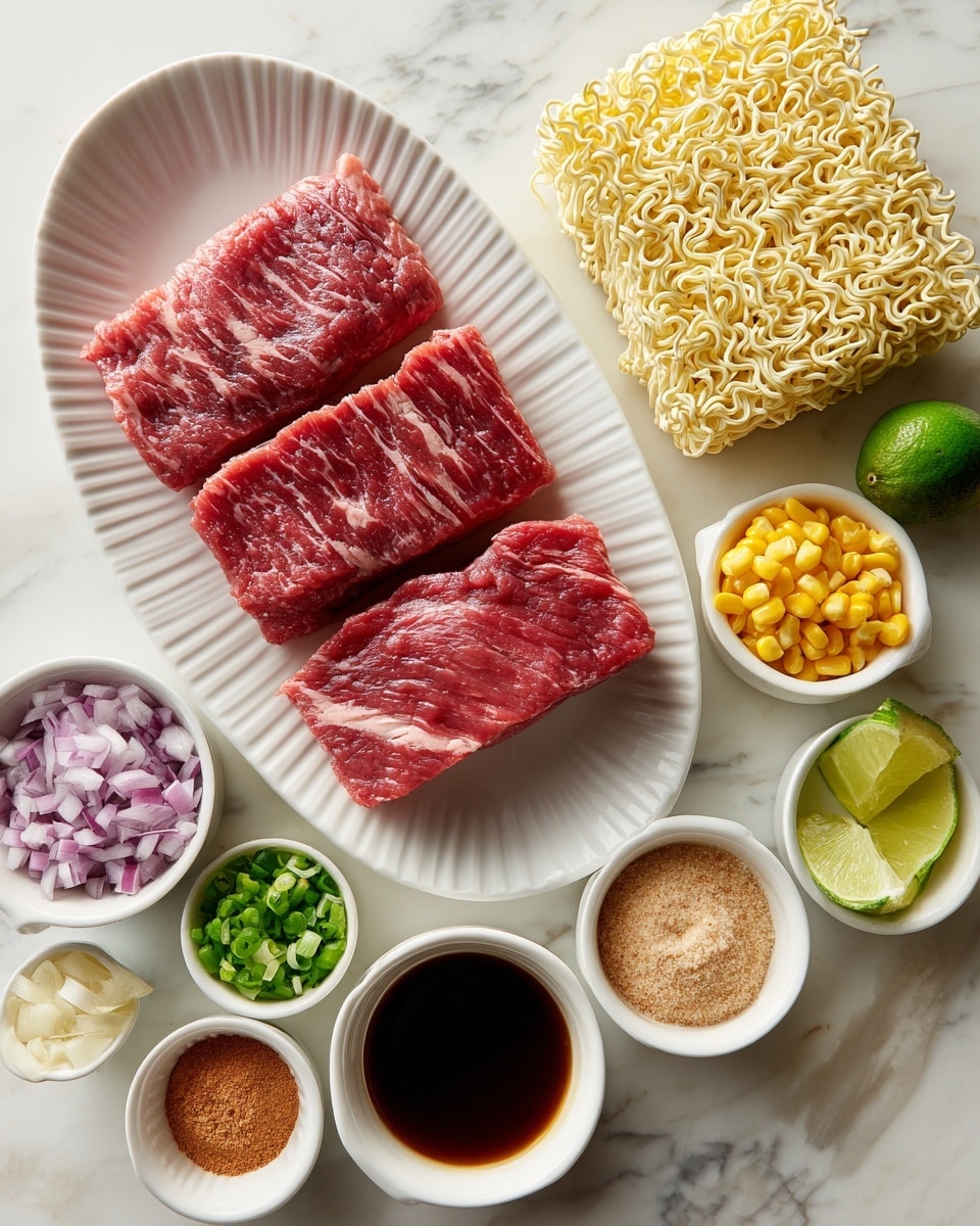 The image shows an arrangement of raw cooking ingredients laid out on a white marbled surface. On the left, there are two large pieces of red raw meat with white marbling placed on a white oval plate with ridged texture. Surrounding the meat are small white and pink bowls filled with finely chopped purple onions, light brown powder, reddish-brown sauce, chopped garlic, green chopped spring onions, small pieces of yellow ginger, light golden liquid, baby corn, and two halves of a bright green lime. Above these ingredients are two dry square blocks of uncooked instant noodles. The colors are vibrant and the texture of each item is clear, giving a fresh and ready-to-cook look. photo taken with an iphone --ar 4:5 --v 7