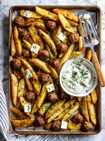 Sheet Pan Greek Meatballs with Potatoes and Herbed Yogurt Sauce Recipe