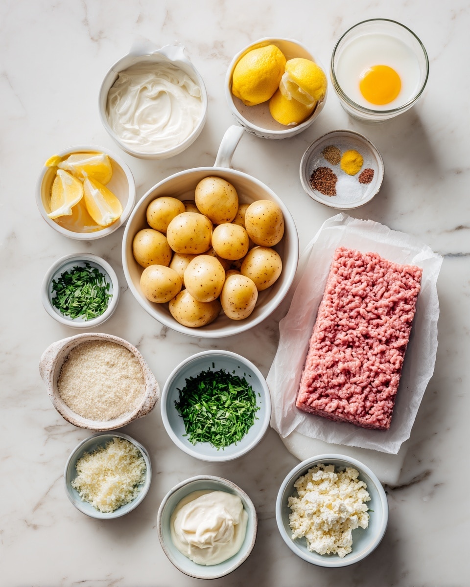 The image shows an arrangement of cooking ingredients on a white marbled surface, organized in small white bowls and dishes. There is a bowl of small yellow potatoes in the center and a rectangular block of pink ground meat on white parchment paper to the right. Around these are several small bowls, including one with white creamy sauce, one with yellow lemon, one with light-colored breadcrumbs, one with chopped green herbs, and one with white crumbled cheese. Also visible are a couple of bowls with spices and seasonings, a glass of milk, and a bowl with beaten eggs. All items are displayed clearly with clean and bright colors. Photo taken with an iphone --ar 4:5 --v 7