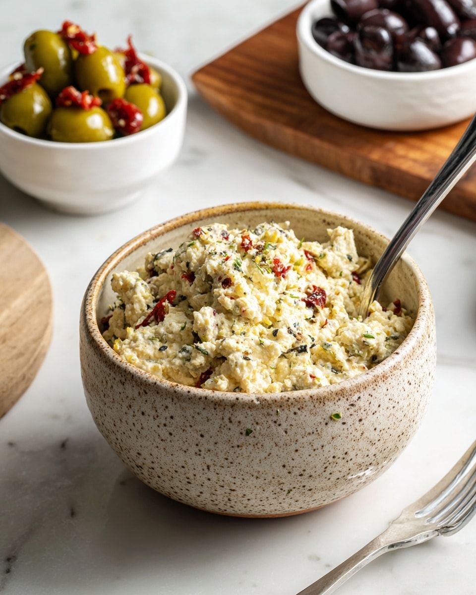 A speckled beige bowl filled with a creamy, chunky mixture that is pale yellow and white with small bits of green scattered throughout, likely herbs. A silver spoon is placed inside the bowl. To the left, a smaller white bowl holds green olives stuffed with red pimentos. The setting is on a white marbled surface with a wooden board holding a white bowl of black olives visible in the top right corner. Photo taken with an iphone --ar 4:5 --v 7
