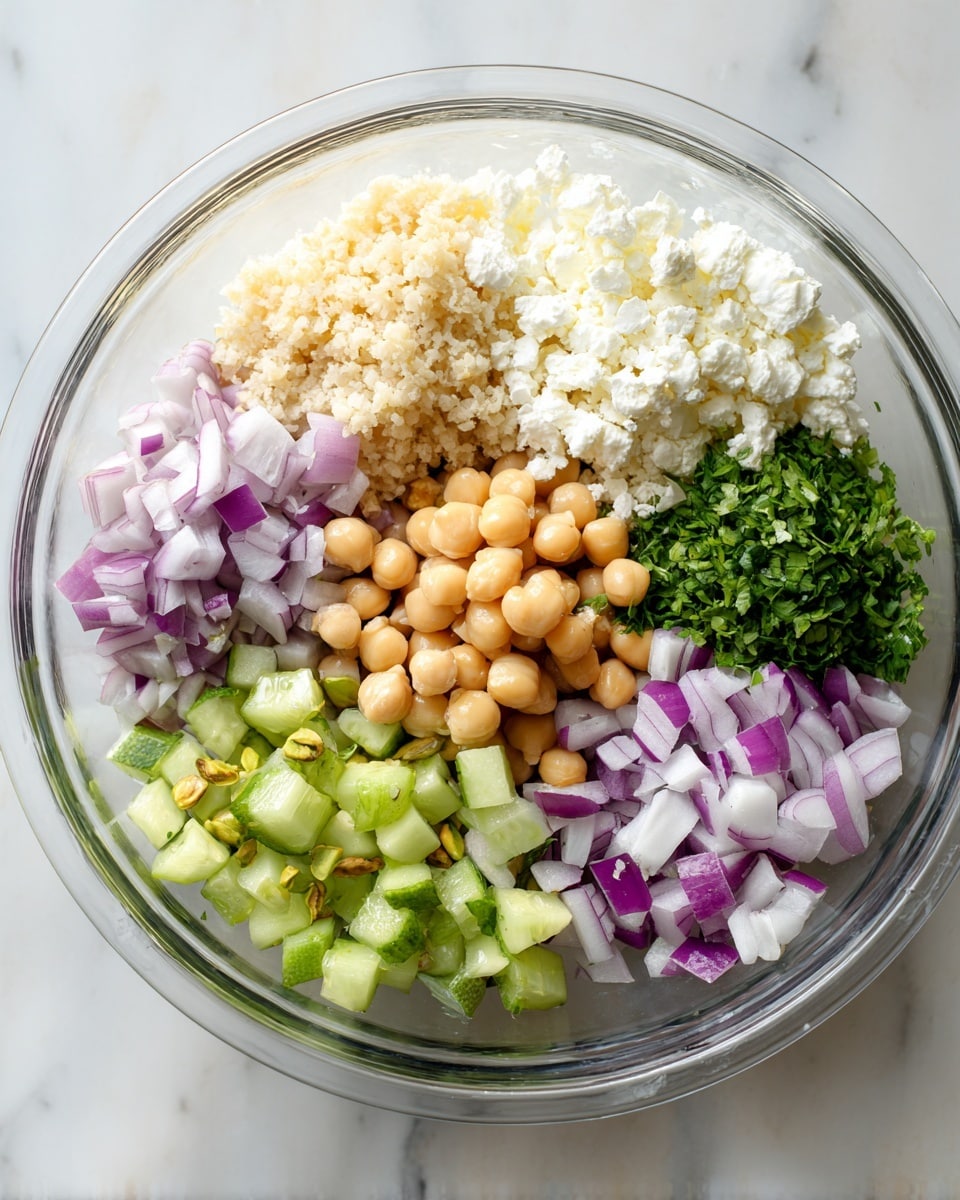 A small clear round bowl filled with bright yellow dressing that has tiny black specks, sitting on a white marbled surface. Below it, a larger clear bowl contains a salad made of chopped cucumber pieces with light green skin, finely chopped dark green leafy herbs, and some light brown chickpeas scattered on top. The bowls are simple and clean, showing the fresh colors of the food clearly. photo taken with an iphone --ar 4:5 --v 7