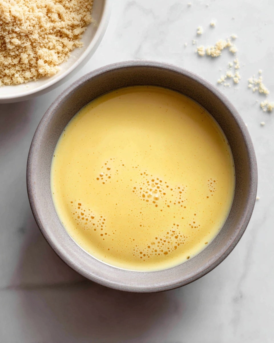 A grey bowl filled with a smooth yellow beaten egg mixture with some small bubbles and light brown specks inside, placed on a white marbled surface. On the left edge, part of a white bowl containing a light brown crumb mixture is visible. photo taken with an iphone --ar 4:5 --v 7