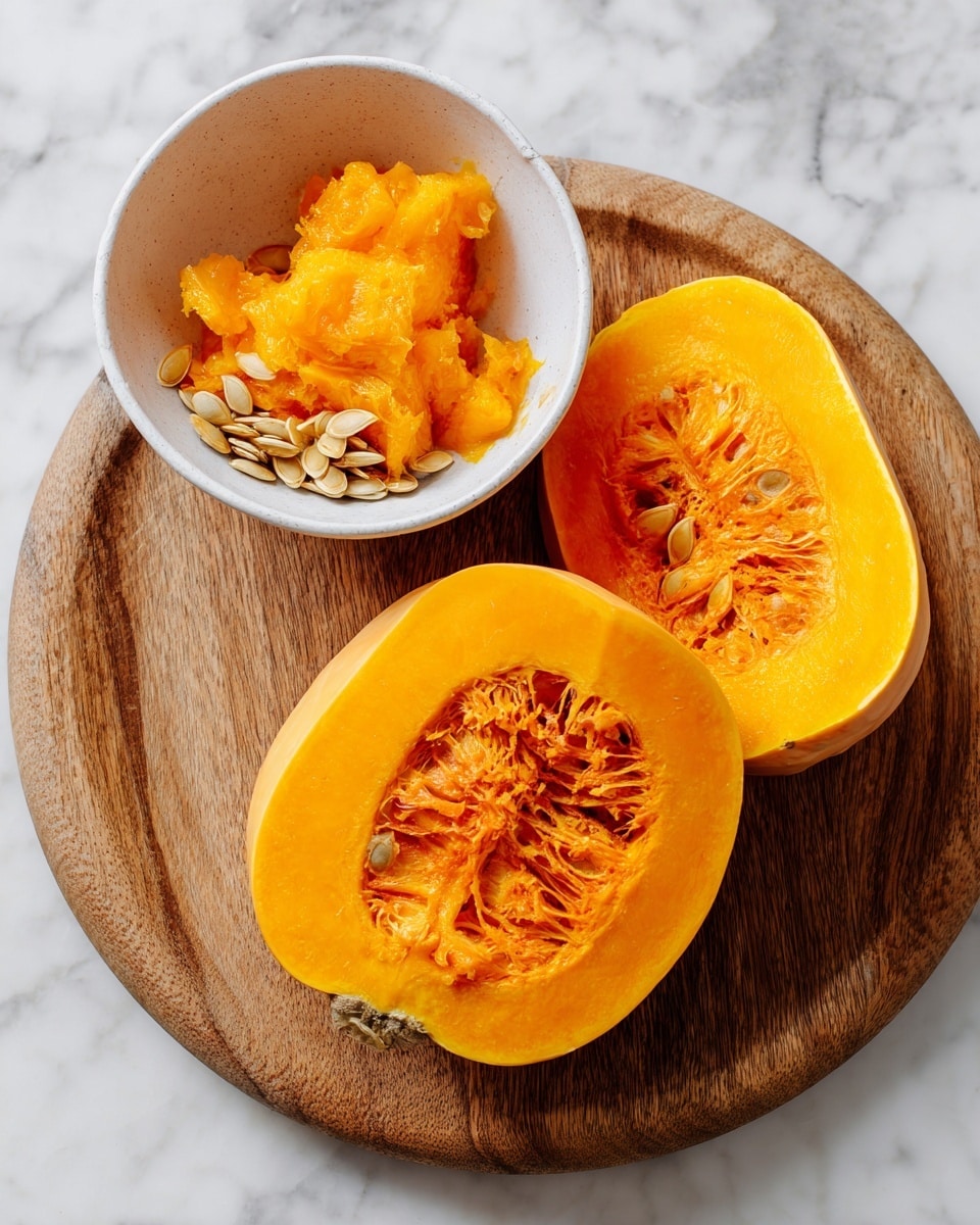 The image shows two halves of an orange squash placed on a round wooden board over a white marbled surface. One half is facing up, displaying the bright orange fleshy inside with some stringy texture and seeds still attached. The other half is facing down, showing a smooth outer skin. Next to the squash halves is a white ceramic bowl holding removed orange squash pulp and several seeds. Photo taken with an iphone --ar 4:5 --v 7