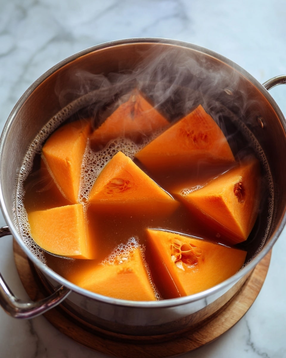 Inside a shiny steel pot filled with warm brown liquid, there are several bright orange pumpkin pieces floating. The pumpkin slices show a smooth outer skin and a soft inside, some with visible stems. Steam rises gently from the pot, giving a fresh cooked look. The pot sits on a round wooden stand, and the background is a white marbled texture photo taken with an iphone --ar 4:5 --v 7