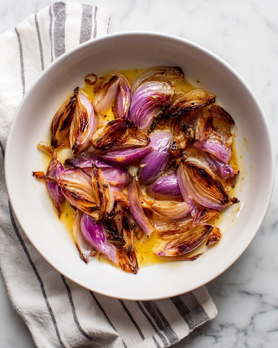 A white bowl shows a single layer of roasted red onion wedges, arranged in a circular pattern with some overlapping. The onion pieces have a mix of soft purple and light brown colors, showing both cooked and caramelized parts with a shiny, slightly oily texture. The bottom of the bowl has a golden-brown layer of cooking juices that spread unevenly under the onions, creating a warm contrast to the purple shades. The bowl is placed on a white marbled surface with a white napkin with grey stripes beside it. Photo taken with an iphone --ar 4:5 --v 7