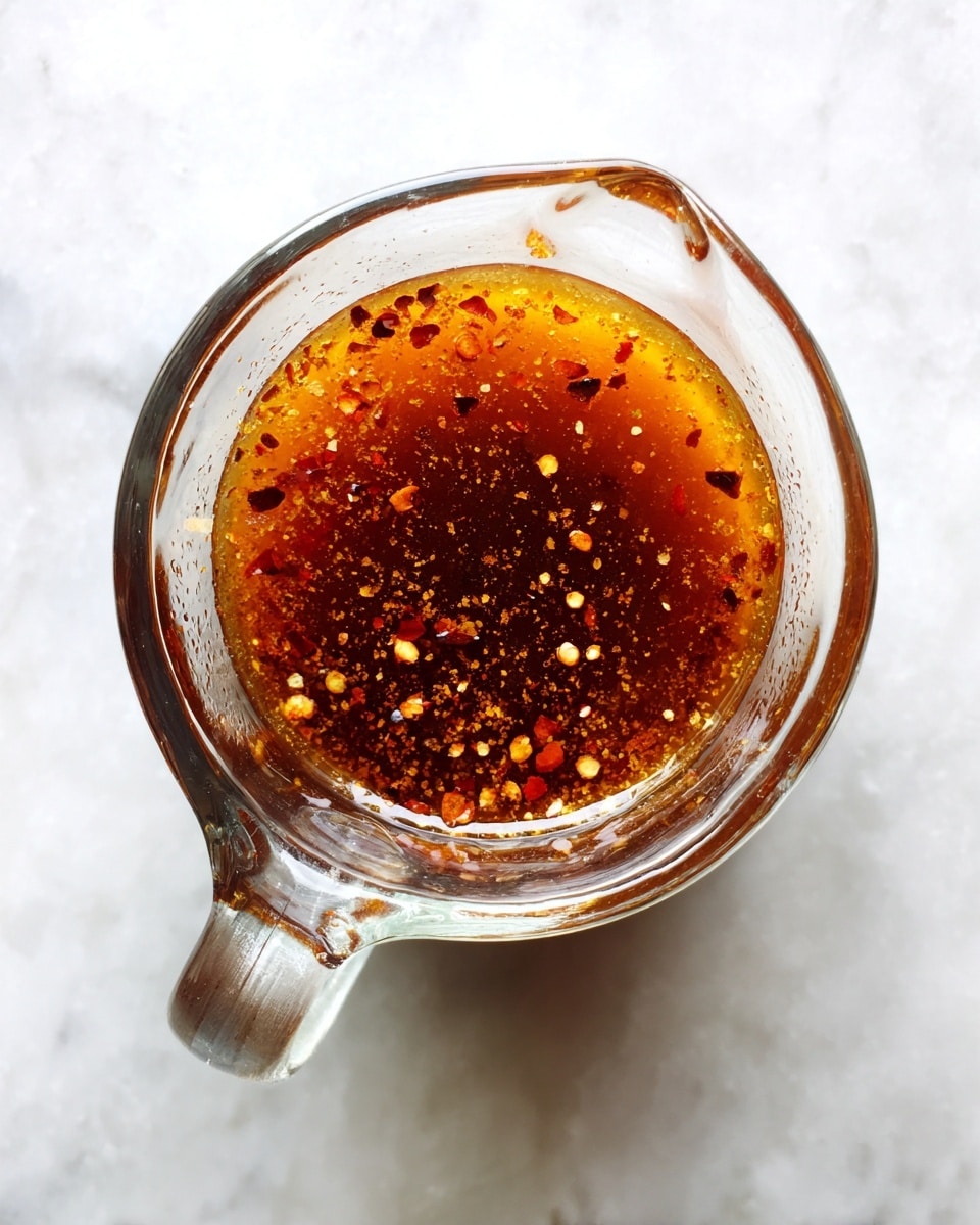 A clear glass measuring cup with a handle holds a light brown sauce with visible small red and black spice flakes floating on top. The sauce has a slightly oily texture with a mix of fine and coarse bits spread evenly across the surface. The cup is placed on a smooth white marbled surface and is shown from a top-down view. photo taken with an iphone --ar 4:5 --v 7
