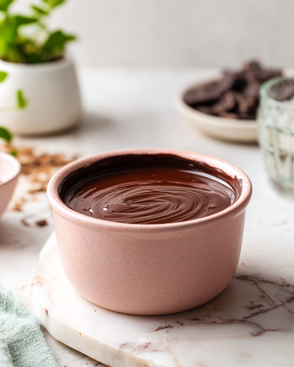 A round white pot with pink handles sits on a white marbled surface. Inside the pot, there is a liquid mixture with a light brown creamy layer underneath topped with a rough layer of dark brown cocoa powder, mostly covering the surface but showing some creamy swirls underneath. The mixture fills the pot almost to the top, with a rich and textured appearance. photo taken with an iphone --ar 4:5 --v 7