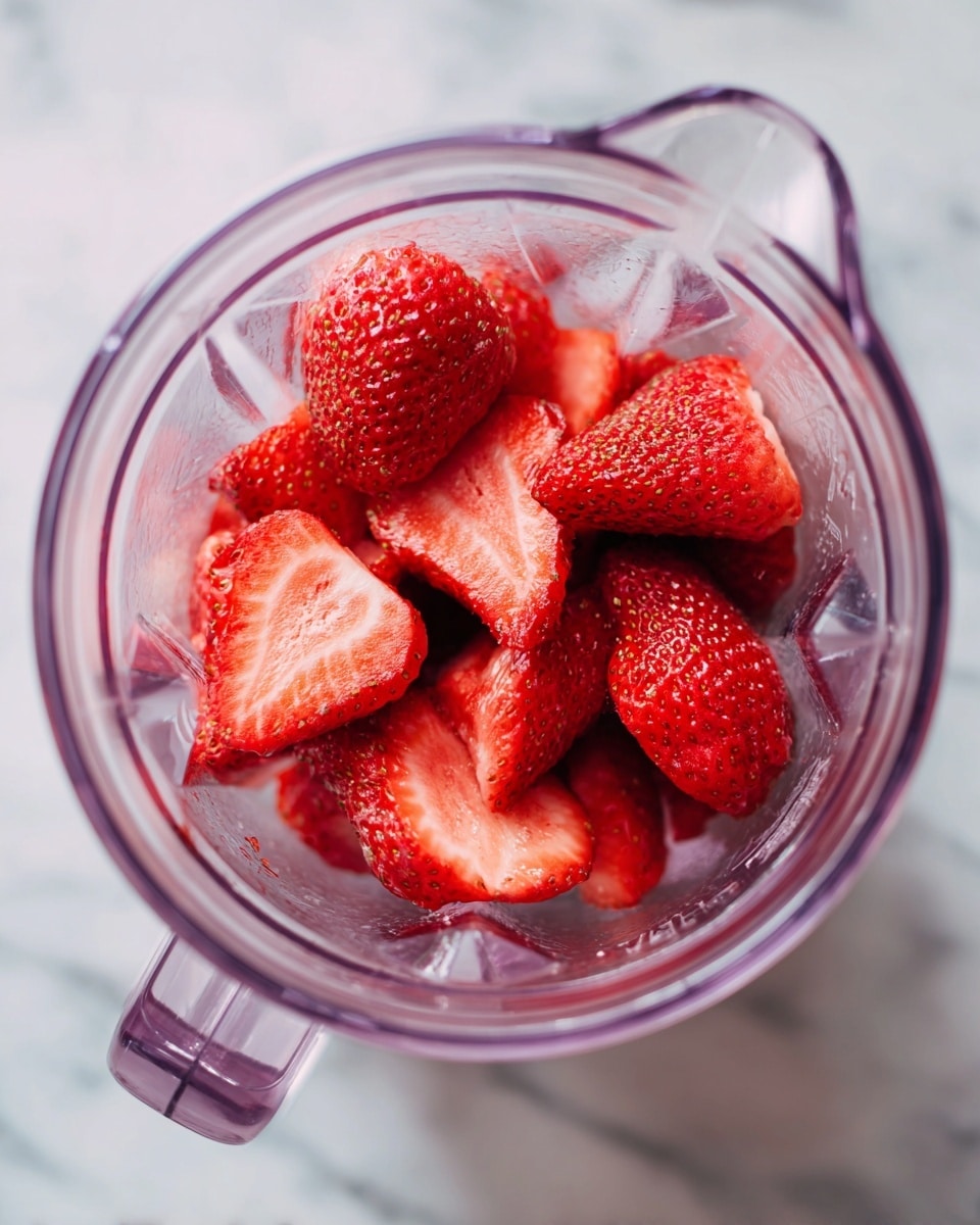 The image shows a top view of a clear blender jar filled with several slices of red strawberries with a glossy texture. The strawberries are stacked lightly inside the jar, showing their vibrant red color and small seeds on the skin. The blender jar is transparent with soft purple-tinted plastic edges and a handle, placed on a white marbled surface. photo taken with an iphone --ar 4:5 --v 7