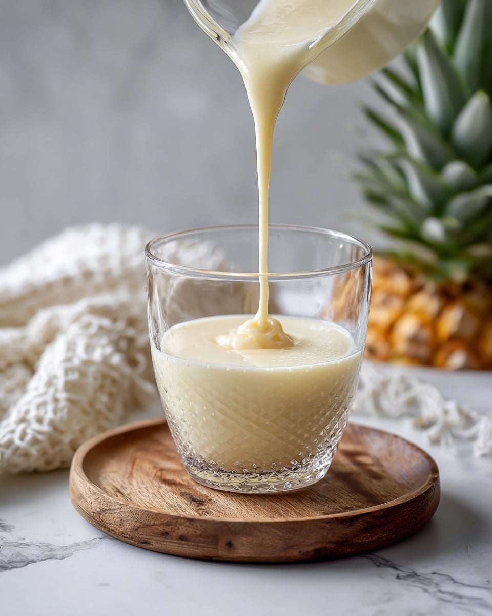 A glass cup sits on a round wooden coaster on a white marbled surface. A creamy, pale yellow liquid is being poured smoothly into the empty glass from above, forming a soft puddle at the bottom of the glass. In the background, a textured white cloth and part of a pineapple are visible but blurred. The scene is bright and clean, highlighting the flow of the liquid. Photo taken with an iphone --ar 4:5 --v 7