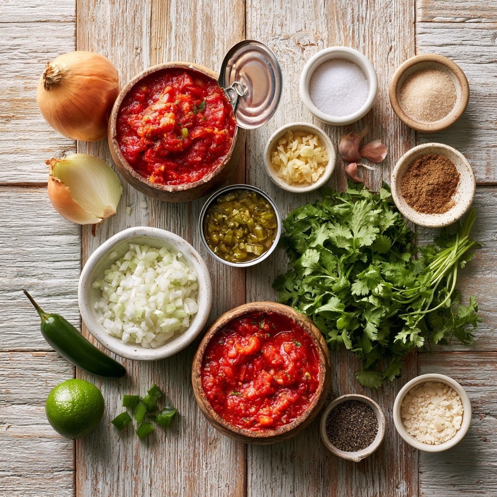 The image shows a clear food processor bowl filled with many colorful ingredients arranged in separate piles around the white plastic center piece. Starting from the bottom left, there is a large bunch of green cilantro with leafy texture. Above it to the left, there are small chopped green peppers with a smooth, shiny surface. Next to the peppers is a pile of bright red chopped tomatoes with a juicy texture. Above the tomatoes, there are small white chopped garlic pieces. To the right of the garlic, there are chunky green jalapeños. Below the jalapeños on the bottom right, there are small white chopped onions. Between the onions and tomatoes, there is a heap of fine ground spices in a tan color. The background shows a white marbled surface. photo taken with an iphone --ar 4:5 --v 7