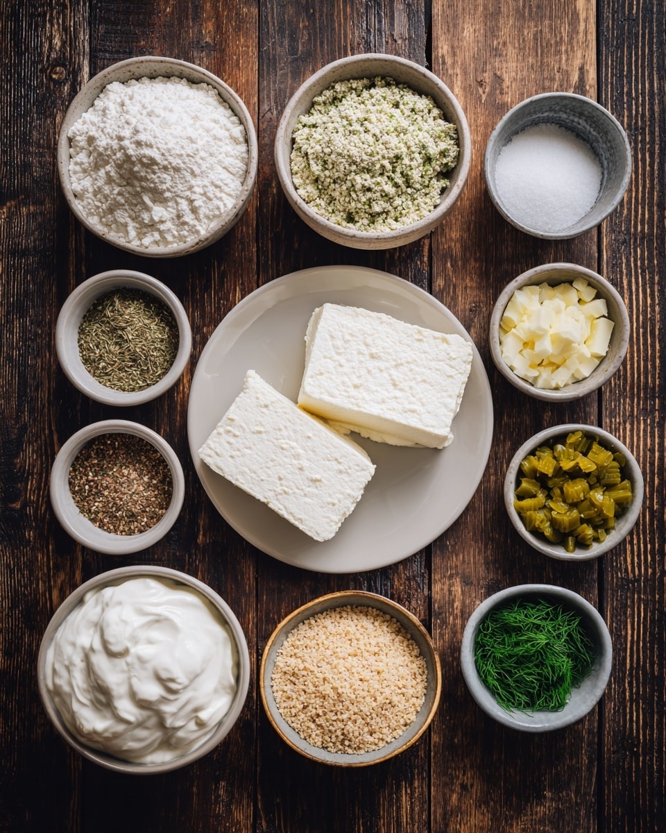 A top view of several white bowls and one white plate on a dark wooden surface showing ingredients for a recipe. The white plate in the center has two blocks of cream cheese, one larger and one smaller, both with a smooth texture. Surrounding it are small white bowls containing different ingredients: a bowl with white flour mixed with herbs, a bowl with ground black pepper, another bowl with butter, a bowl with fresh chopped dill, a bowl filled with light brown breadcrumbs, a bowl of diced pickles in greenish color, and bowls with salt, garlic powder, onion powder, and white vinegar. A larger bowl at the bottom left contains thick, white sour cream or yogurt with a smooth texture. The texture and colors of each ingredient stand out clearly against the wooden background. Photo taken with an iphone --ar 4:5 --v 7
