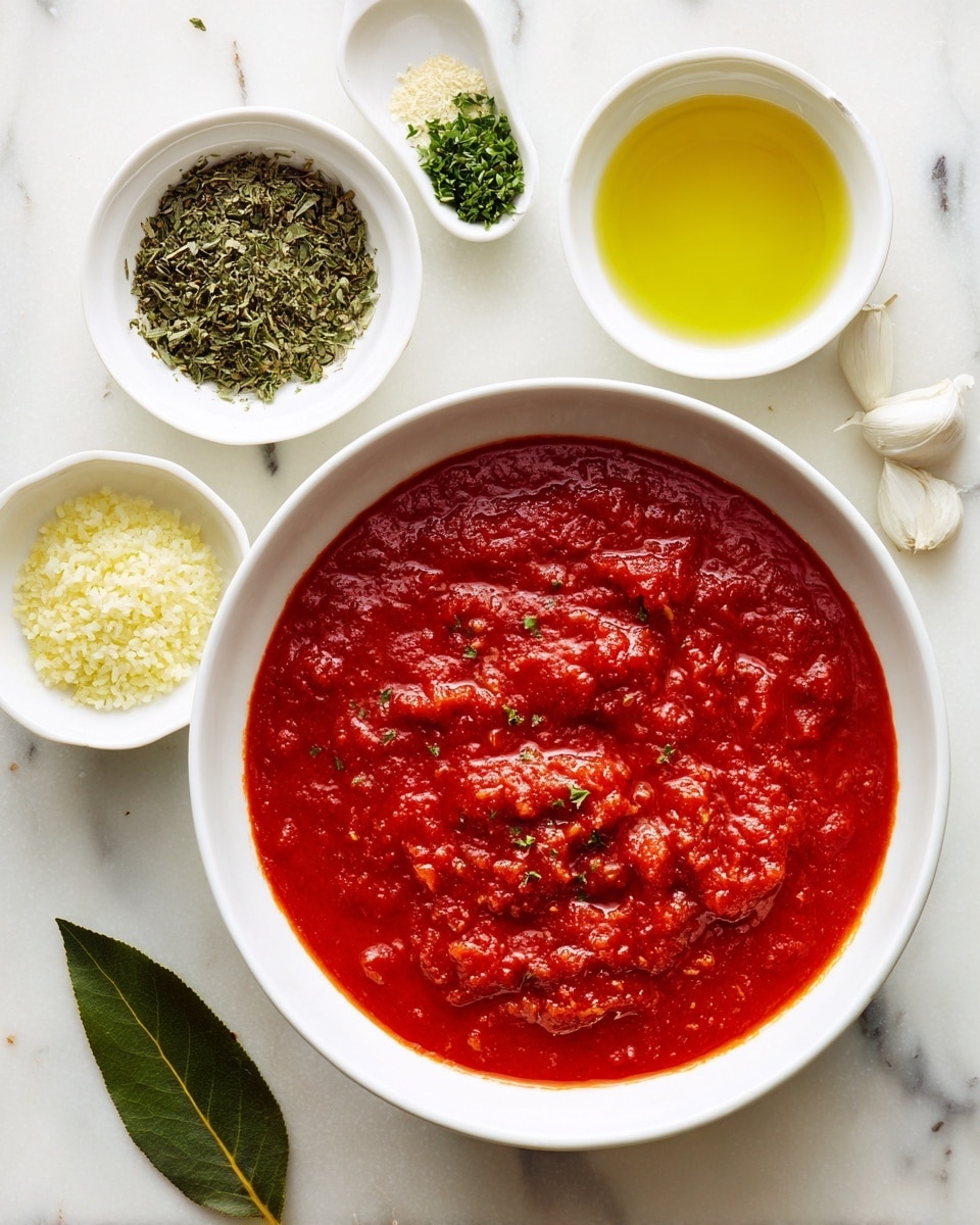 A white bowl filled with thick red tomato sauce with a slightly chunky texture sits on a white marbled surface. Around the bowl, there are four small white dishes: one with green dried herbs, one with finely chopped light yellow garlic, one with bright yellow olive oil, and one with chopped fresh green parsley. A single green bay leaf is placed on the surface near the bowl. The wood background from the original image is changed to a white marbled texture. photo taken with an iphone --ar 4:5 --v 7