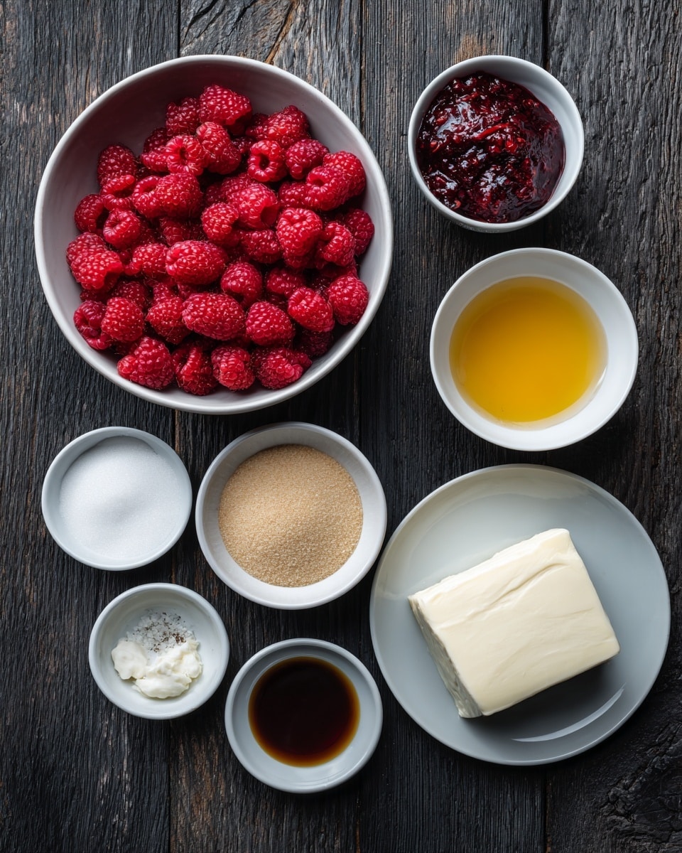 A collection of white bowls and plates arranged on a dark wooden surface, each containing different ingredients. In the top left, a large white bowl is full of fresh red raspberries. To the right, a small white bowl holds a golden liquid, and above it, another small white bowl contains a dark red, chunky sauce. On the far right, a white plate has a block of soft white cheese. Below the raspberries, there is a small white bowl filled with light brown sugar, next to it a bowl with white sugar. Near the bottom center, a small white bowl contains minced garlic, with another small bowl holding salt just above it. To the bottom right, a tiny white bowl has a dark brown sauce and next to it a bowl with olive oil. The whole setup sits on a dark wooden textured table. Photo taken with an iphone --ar 4:5 --v 7