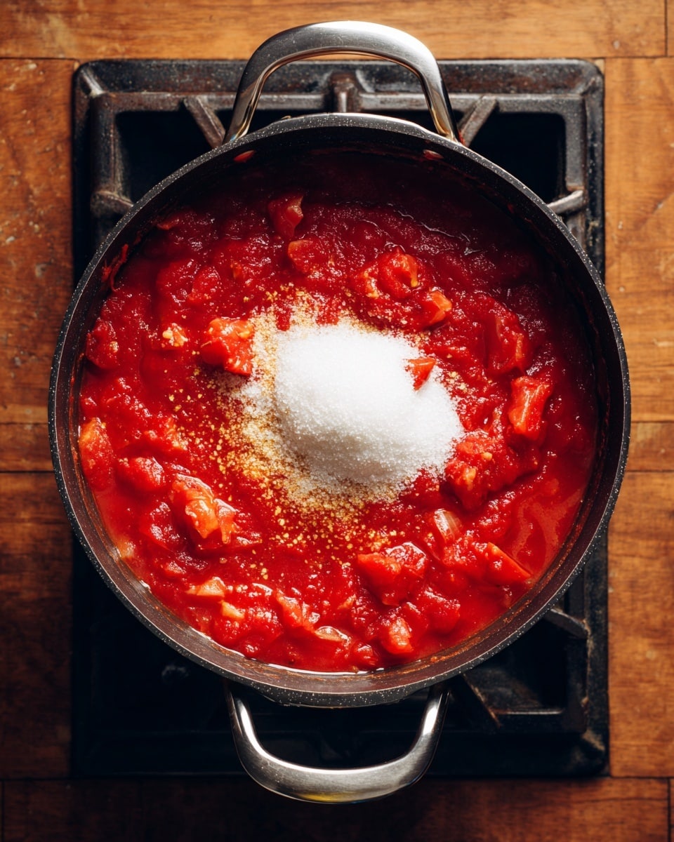 A black pot with silver handles sits on a stove with a wooden base, filled with a thick red tomato sauce containing large chunks of tomatoes. In the center of the sauce, there is a white pile of sugar, sitting on top of the red sauce and slightly melting at the edges. The texture of the sauce looks smooth and chunky with visible tomato pieces around the sugar. The scene is viewed from above. photo taken with an iphone --ar 4:5 --v 7