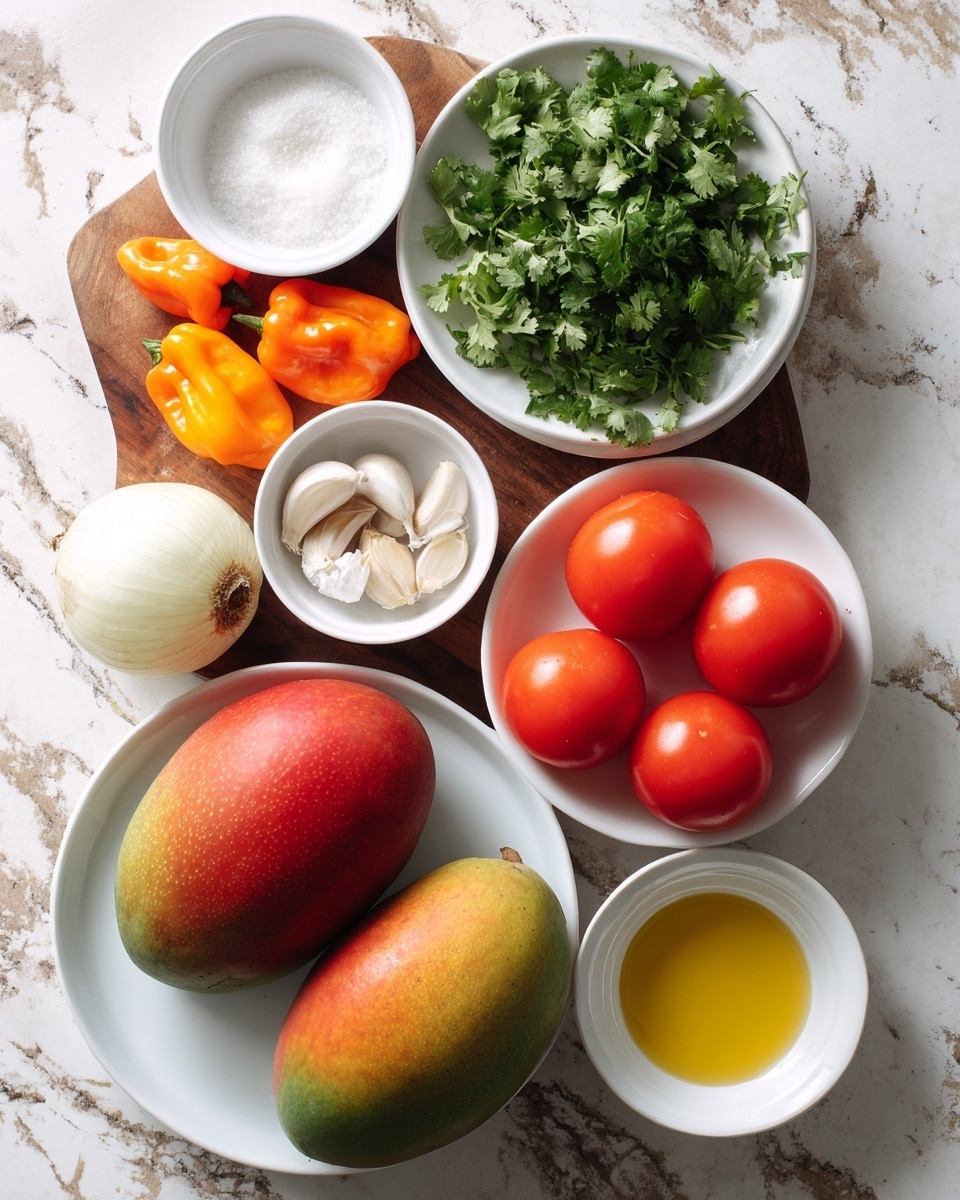 The image shows a top view of fresh ingredients arranged on a white marbled surface. There are two large ripe mangoes with red and green skin on a white plate near the bottom left. Above them, three small white bowls hold white salt, two whole garlic cloves, and two orange habanero peppers. In the center top, a bowl filled with green cilantro leaves. To the right, a white plate holds four red tomatoes. Below this plate, two small white bowls contain golden olive oil and a light yellow liquid. A half white onion sits near them, showing its layered texture. The background is a wooden board under the white marbled surface. Photo taken with an iphone --ar 4:5 --v 7