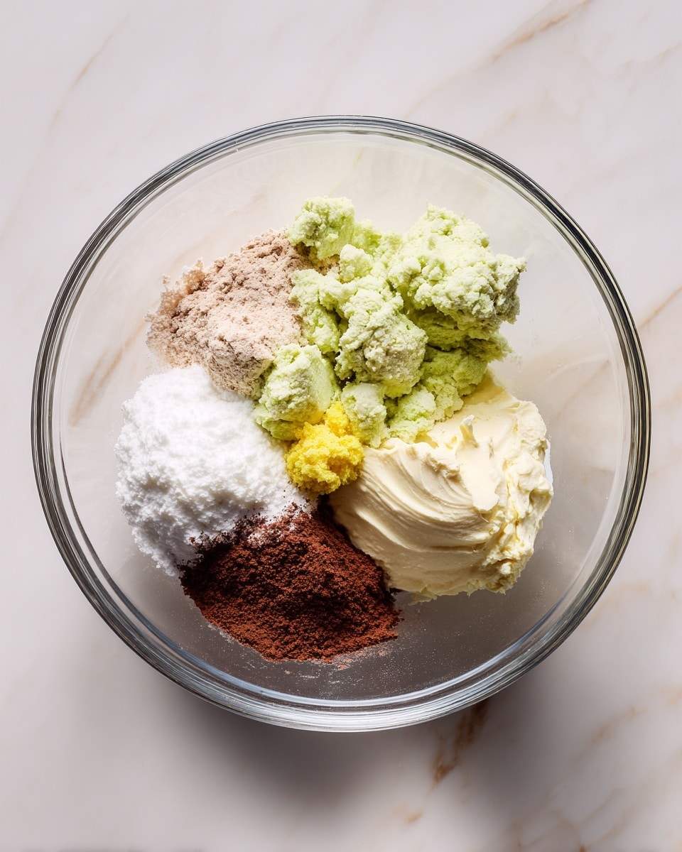 A clear glass bowl sits on a white marbled texture, containing six distinct layers arranged in small mounds: at the bottom left is a thick white creamy layer, next to it on the right is a light brown finely powdery layer, above this is a bright green chunky layer with visible bits, next to that on the right is a pale yellow smooth layer, below it is a dark reddish-brown finely powdered layer, and finally there is a small yellow dollop on top of the white creamy layer, all ingredients are separately placed and not mixed. photo taken with an iphone --ar 4:5 --v 7