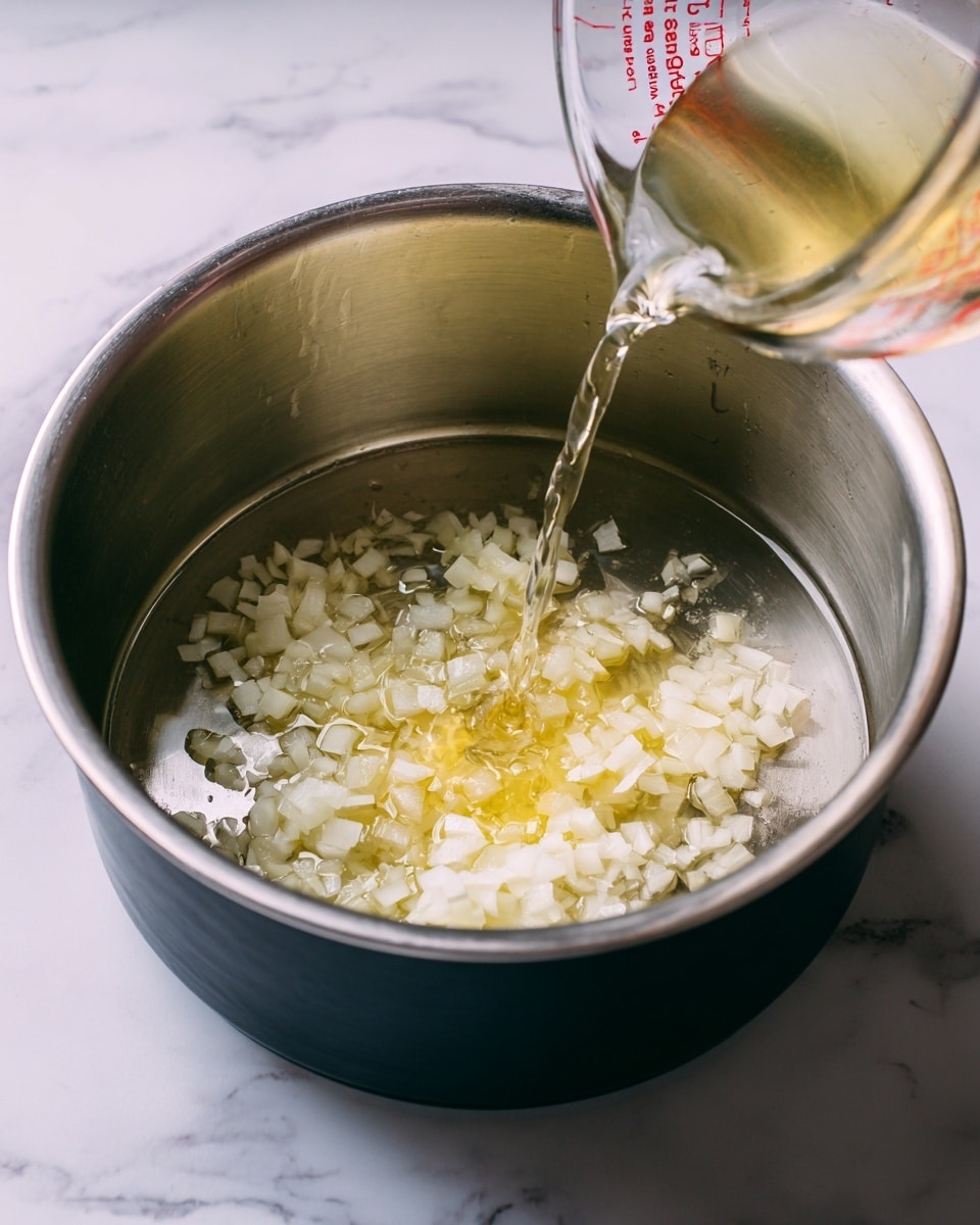 The image shows a cooking pot with a shiny metal inside and a black outer rim placed on a white marbled surface. Inside the pot at the bottom, there are small chopped white onion pieces mixed with light yellow cooking oil or butter. A clear liquid is being poured into the pot from a measuring cup that is transparent with red markings, visible in the bottom right corner. The setting is simple with the pot centered and the focus is on the onions and the liquid being added photo taken with an iphone --ar 4:5 --v 7