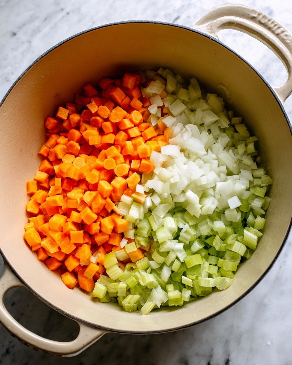 Inside a large beige pot, there are three layers of finely chopped vegetables. The bottom layer is light green celery pieces arranged unevenly across the pot's base. Above it, white onion chunks form the second layer, covering a part of the celery and spreading toward the center. The top layer consists of small, bright orange carrot cubes mostly gathered at one side, overlapping slightly with the onions. The pot creates a warm contrast with the vegetables inside, all placed over a white marbled surface. photo taken with an iphone --ar 4:5 --v 7