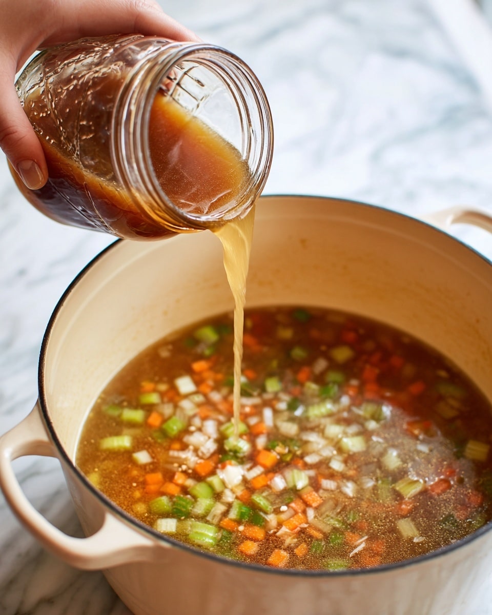 A close-up image shows a jar pouring light brown liquid broth into a large pot filled with a soup base. The soup in the pot has visible small pieces of orange carrot, green celery, and other light-colored ingredients, floating in a translucent light brown broth. The pot is cream inside with a light color outside, and the background features a white marbled texture. A woman's hand holds the jar from the left side, and the focus is on the pouring action with the liquid mid-air photo taken with an iphone --ar 4:5 --v 7