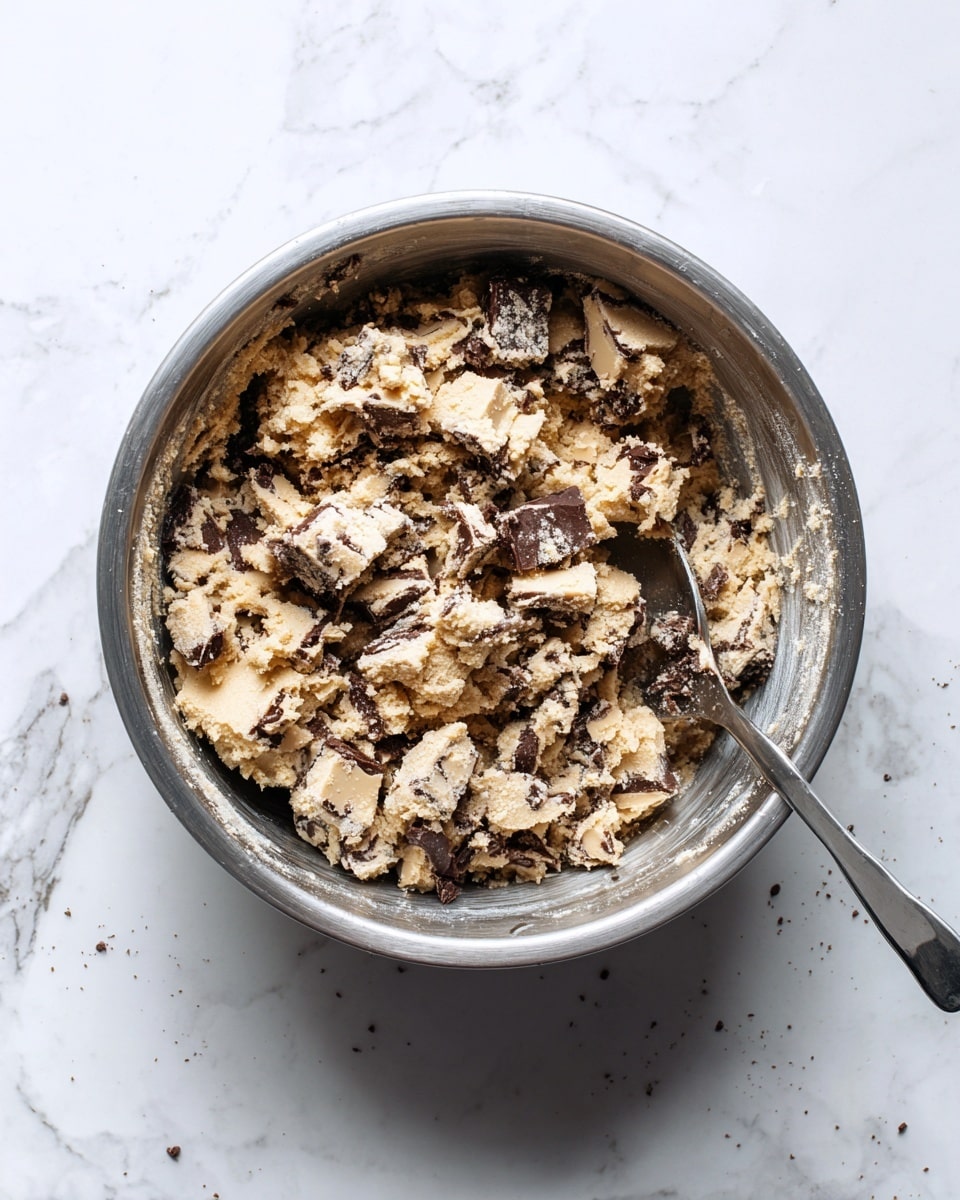 A large silver metal bowl holds a chunky mixture made of broken pieces of pale tan and brown candy or cookie bits mixed with dark brown chocolate dough, creating a rough, uneven texture with visible small chocolate chips scattered throughout, and a silver spoon is partially inserted into the mixture on the right side, all set on a white marbled surface photo taken with an iphone --ar 4:5 --v 7