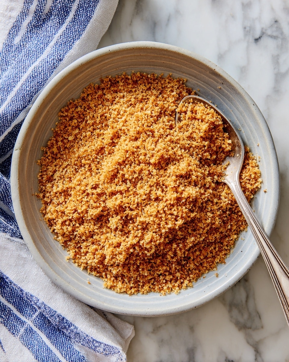 A close-up view of a light gray bowl with some ridges on the outside filled with a single layer of finely crushed golden brown crumbs, with a silver spoon partially buried on the right side inside the crumbs. The bowl sits on a white marbled surface with a blue and white striped cloth partially visible on the upper left side. photo taken with an iphone --ar 4:5 --v 7