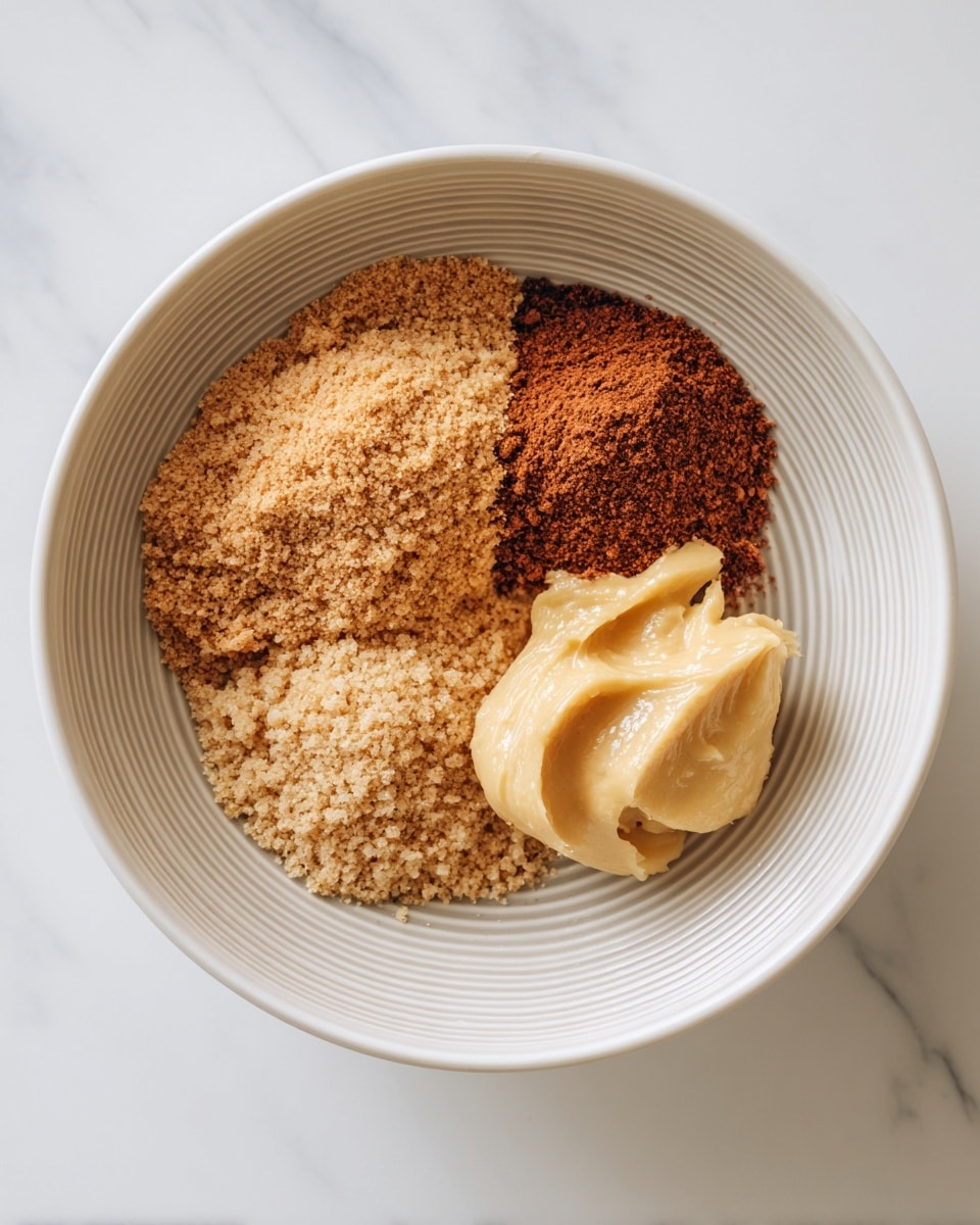 Inside a white bowl with horizontal ridges, there are four different ingredients. At the base and covering the most area, there is a fine, light brown granular powder. On the left side, a smaller pile of dark reddish-brown powder sits closely. Above that, another light beige powder is present in a small amount. Finally, on the right side, there is a dollop of thick, pale yellow paste with a smooth texture. The bowl is placed on a white marbled surface. Photo taken with an iphone --ar 4:5 --v 7