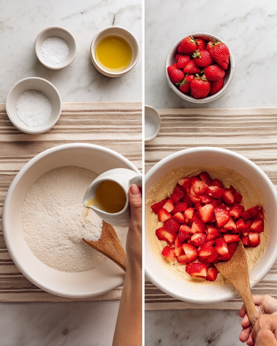 The image shows two steps of making batter in a white mixing bowl with a wooden spoon. On the left, the bowl contains a bottom layer of fine white sugar, with a woman's hand holding a small white cup of yellow oil above it, ready to pour. Around the bowl are small bowls of flour, vanilla, salt, and chopped red strawberries on a white marbled surface. On the right, the bowl now holds a light tan batter with a thicker texture, with bright red strawberry pieces piled on top, and a woman's hand is placing more strawberries into the bowl, with some batter residue on the side of the bowl. The bowl sits on a striped beige cloth on the white marbled surface. Photo taken with an iphone --ar 4:5 --v 7