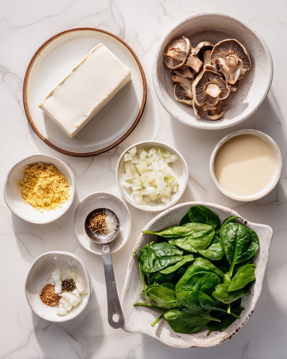 The image shows several small white bowls and plates on a white marbled surface, each holding different fresh ingredients. In the center is a speckled white bowl filled with fresh green spinach leaves, and to its upper right is a white bowl filled with chopped brown mushrooms and two whole mushroom slices on top. To the upper left, a brown-rimmed white plate holds a rectangular block of white tofu. Below the tofu are two small white bowls, one holding yellow nutritional yeast flakes, and the other with a light powder. To the lower right, a white bowl has chopped white onion pieces, while at the bottom center is a tiny plate with a spice mix in different colors next to a silver measuring spoon with some yellow mustard. A white bowl to the right holds a small amount of creamy white liquid, and a small white bowl contains minced garlic. The arrangement is neat and bright with clear focus on the fresh textures and colors of the ingredients. Photo taken with an iphone --ar 4:5 --v 7