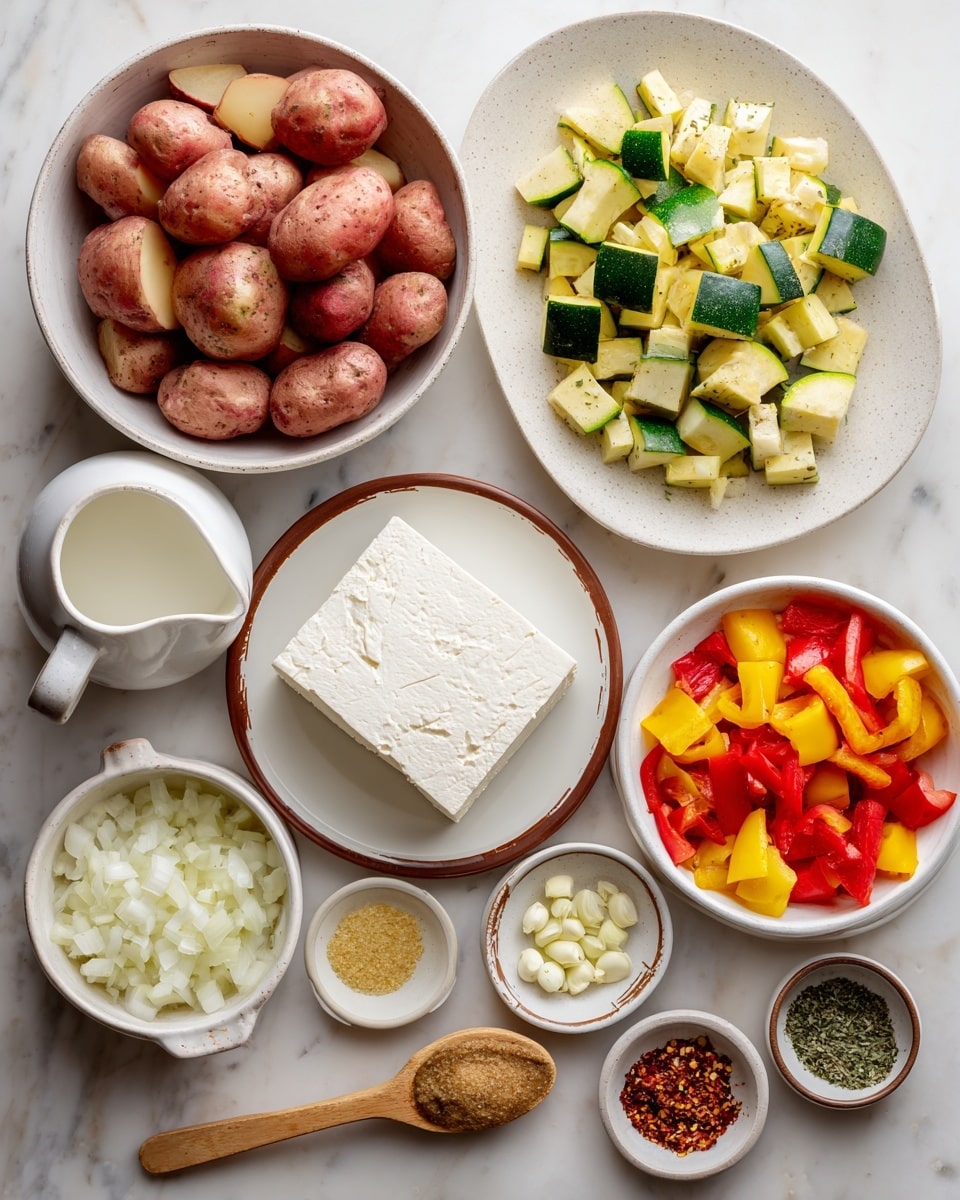 The image shows several white dishes and bowls arranged on a white marbled surface, each filled with different ingredients for cooking. One bowl holds chopped red potatoes with a light brown skin, cut into chunks. A large white plate displays a mix of diced vegetables including green zucchini, yellow squash, and bright red bell peppers, all cut into small pieces. Another bowl contains a big square block of firm white tofu on a white plate with a brown rim. A small white jug is filled with white liquid, probably milk. There is also a bowl with chopped white onions, alongside small bowls with minced garlic, dry yellow powder, a mix of dried herbs, salt, red pepper flakes, and a wooden spoon carrying a light brown paste. The overall scene is clean, bright, and organized, showing fresh and colorful raw ingredients ready for cooking. photo taken with an iphone --ar 4:5 --v 7