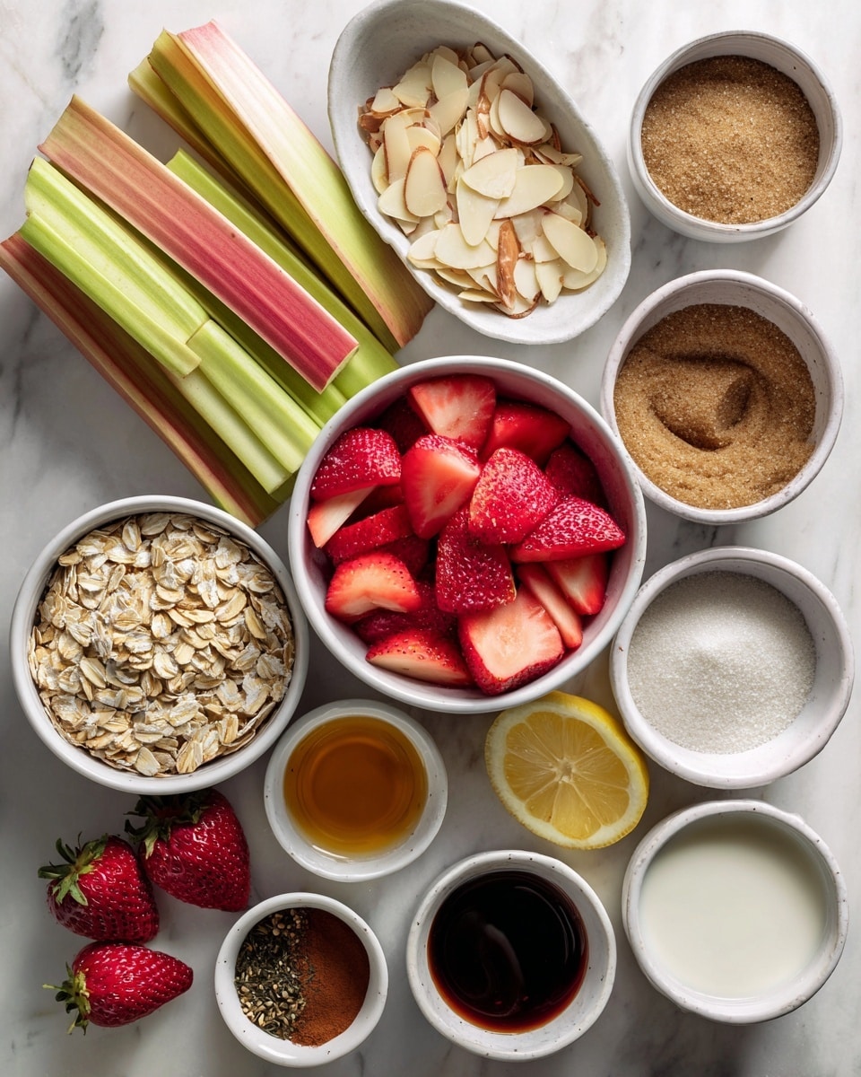 The image shows an overhead view of several white bowls filled with different ingredients placed on a white marbled surface. In the center is a bowl filled with sliced rhubarb, which is pale green with red edges and a smooth texture. Below and slightly to the right is a bowl full of bright red, halved strawberries with visible seeds and juicy texture. To the left of the rhubarb, a bowl holds dry, tan rolled oats with a rough texture. Above the oats, a smaller bowl contains light brown sugar with a sandy texture. Next to the brown sugar, a bowl is filled with thin, white almond slices showing some brown edges. To the right of the almond slices, a bowl holds a white, powdery almond flour. Below the almond flour is a small bowl containing white, creamy coconut oil with a smooth, soft texture. Small bowls with dark brown vanilla extract and a mix of brown and white spices sit near the bottom edge. Two lemon halves and a few whole strawberries add pops of color around the bowls. The photo taken with an iphone --ar 4:5 --v 7