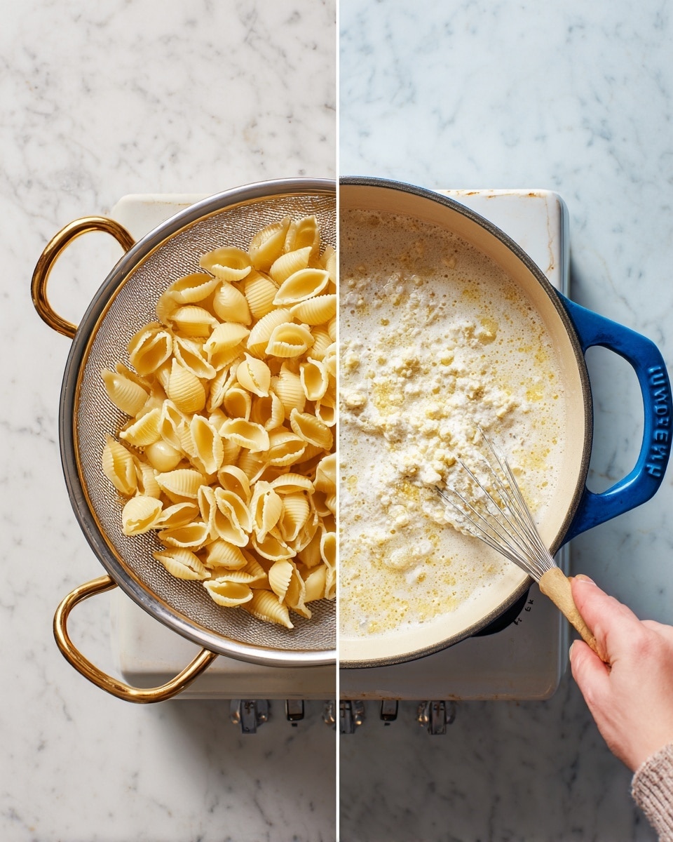 The image shows two parts: on the left, a metal colander filled with pale yellow cooked shell pasta that has a smooth, slightly shiny texture. The colander has two small brass handles and is placed on a white marbled surface. On the right, a blue cast iron pot with a white inside is shown from above, with a woman's hand holding a whisk stirring a bubbly mixture of flour and butter forming small clumps on the surface. The pot sits on a white marbled surface with a stove control panel visible at the bottom. photo taken with an iphone --ar 4:5 --v 7