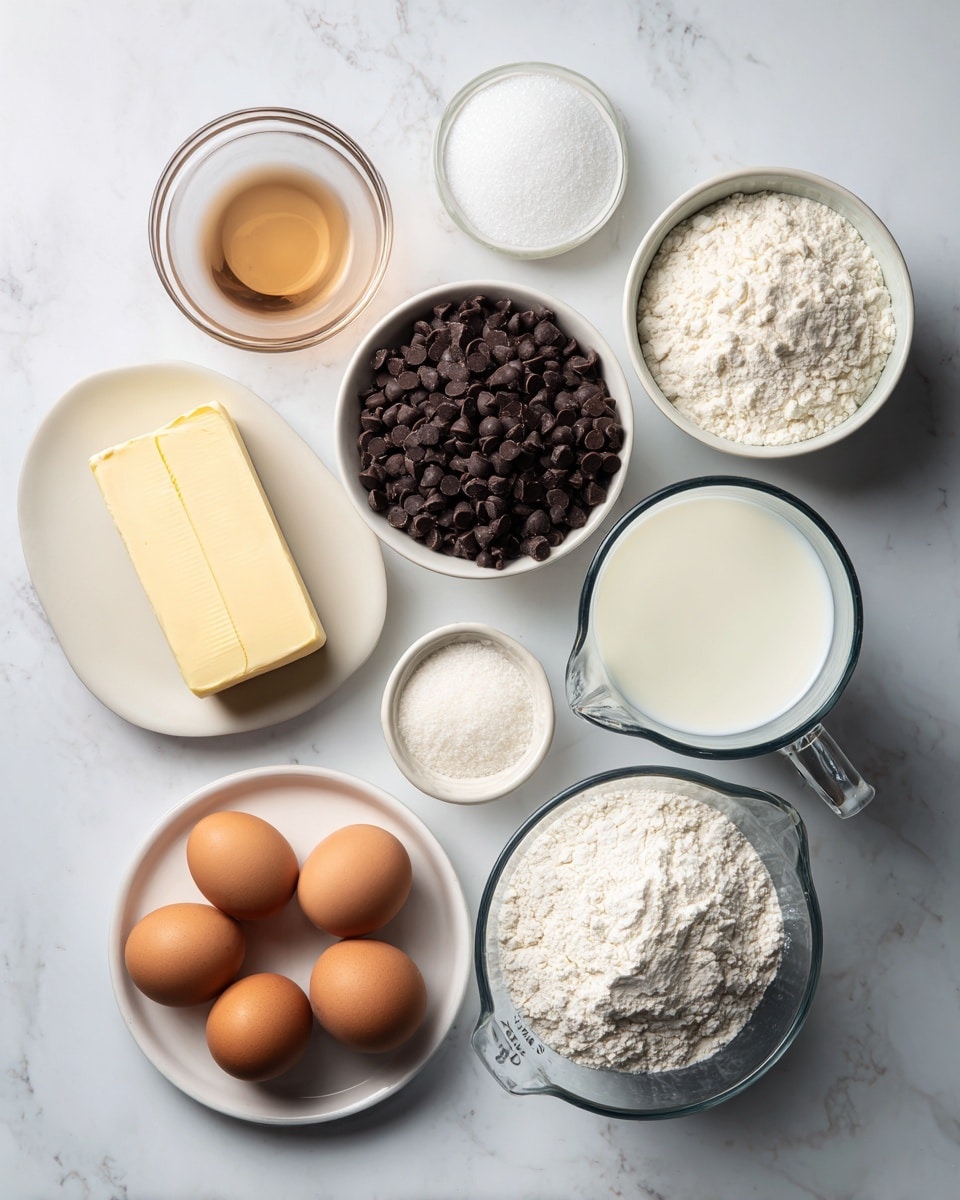 A white marbled surface holds eight different bowls and plates with baking ingredients arranged neatly. In the top left is a small clear glass bowl with light brown liquid, next to a small white bowl filled with white granulated sugar. At the center is a white bowl filled with many dark brown chocolate chips. To the right is a large clear measuring cup full of white flour. Below, a small white plate holds a rectangular stick of yellow butter. Next to it is another large clear measuring cup filled with white milk. At bottom left is a small white plate with four brown eggs. Above these is a small clear bowl with white powder, likely baking soda or powder. The scene is lit softly and taken from above, photo taken with an iphone --ar 4:5 --v 7
